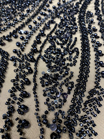Dantela Couture Neagra cu Panou, cu Perle, Margele si Paiete