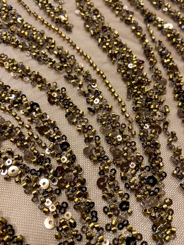 Dantela Couture Antik Arany Lineáris Mintával, Gyöngyökkel és Flitterekkel