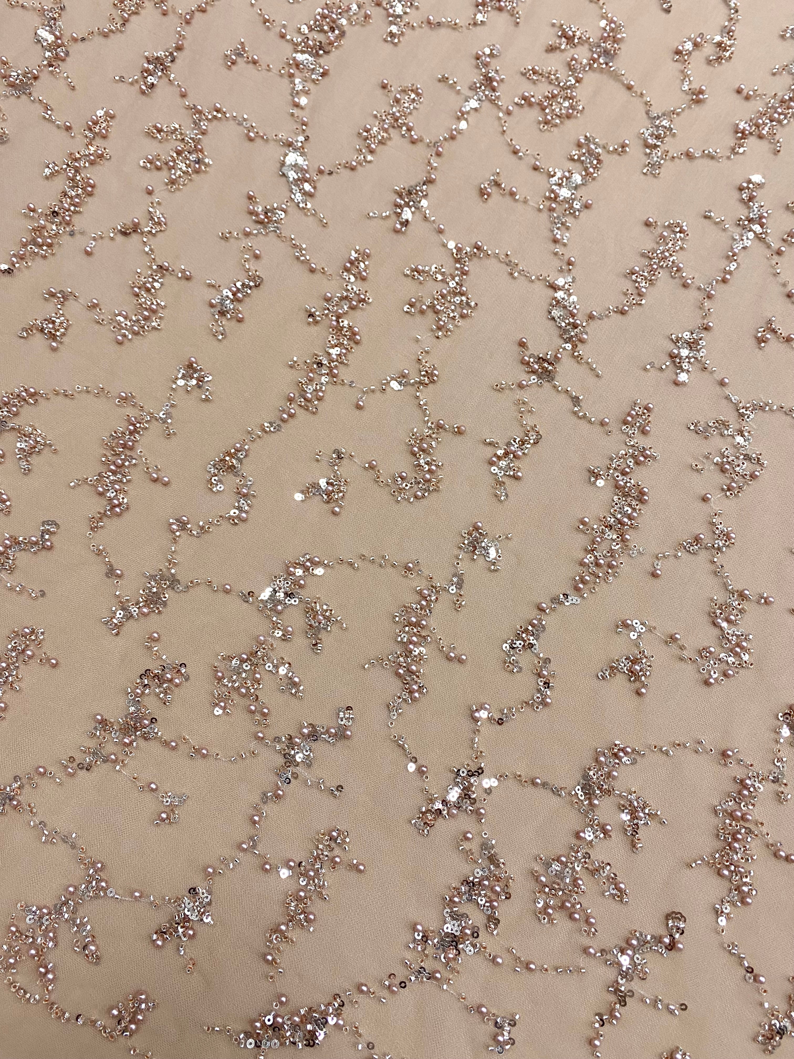 Dantela Couture Auriu Rose cu Perle, Margele si Paiete