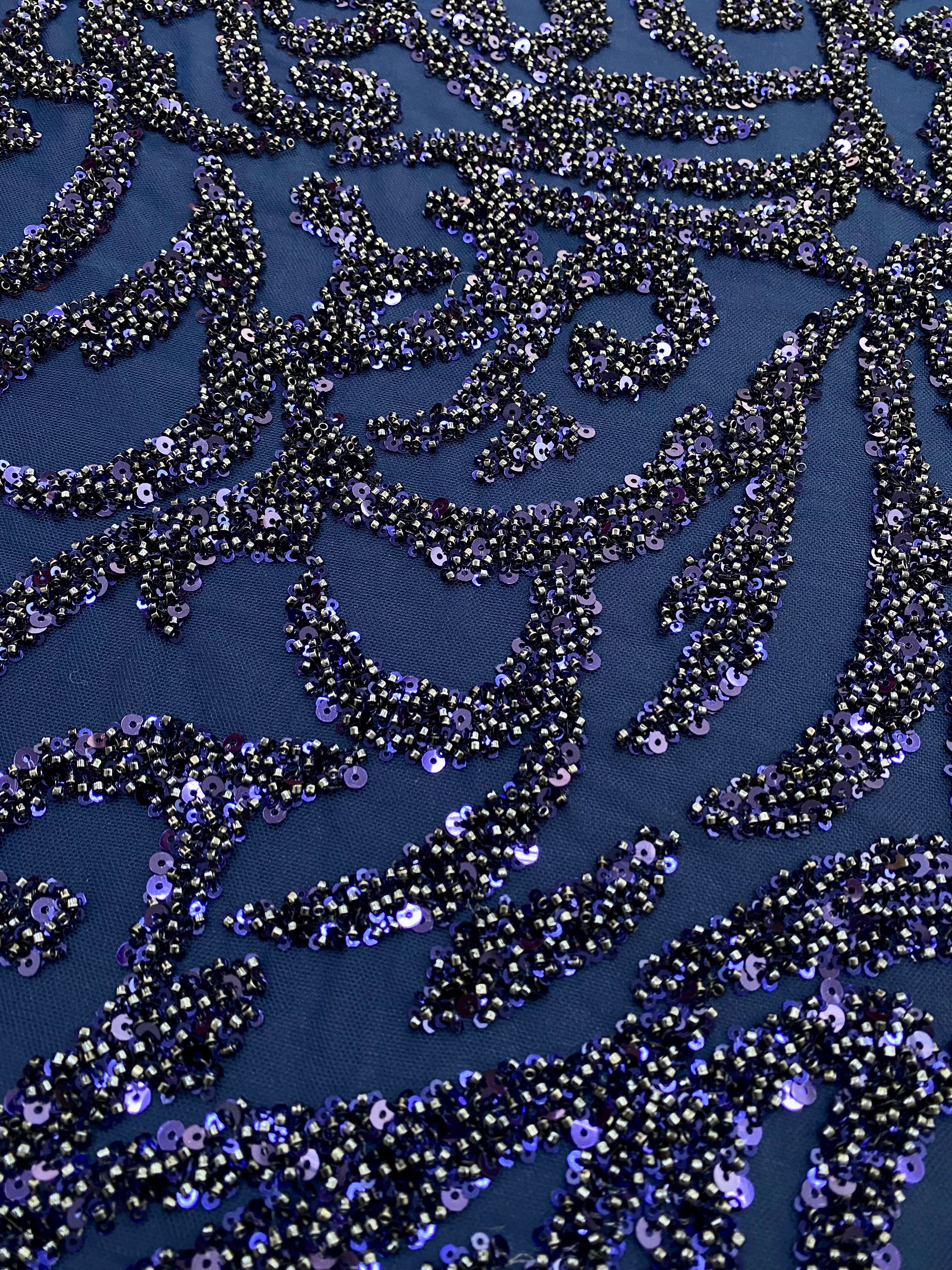 Dantela Couture Bleumarin cu Model Geometric, cu Margele si Paiete