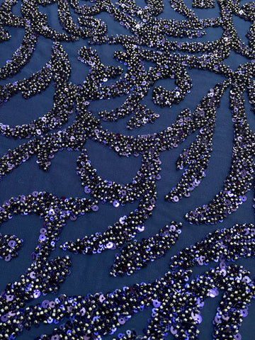 Dantela Couture Bleumarin cu Model Geometric, cu Margele si Paiete