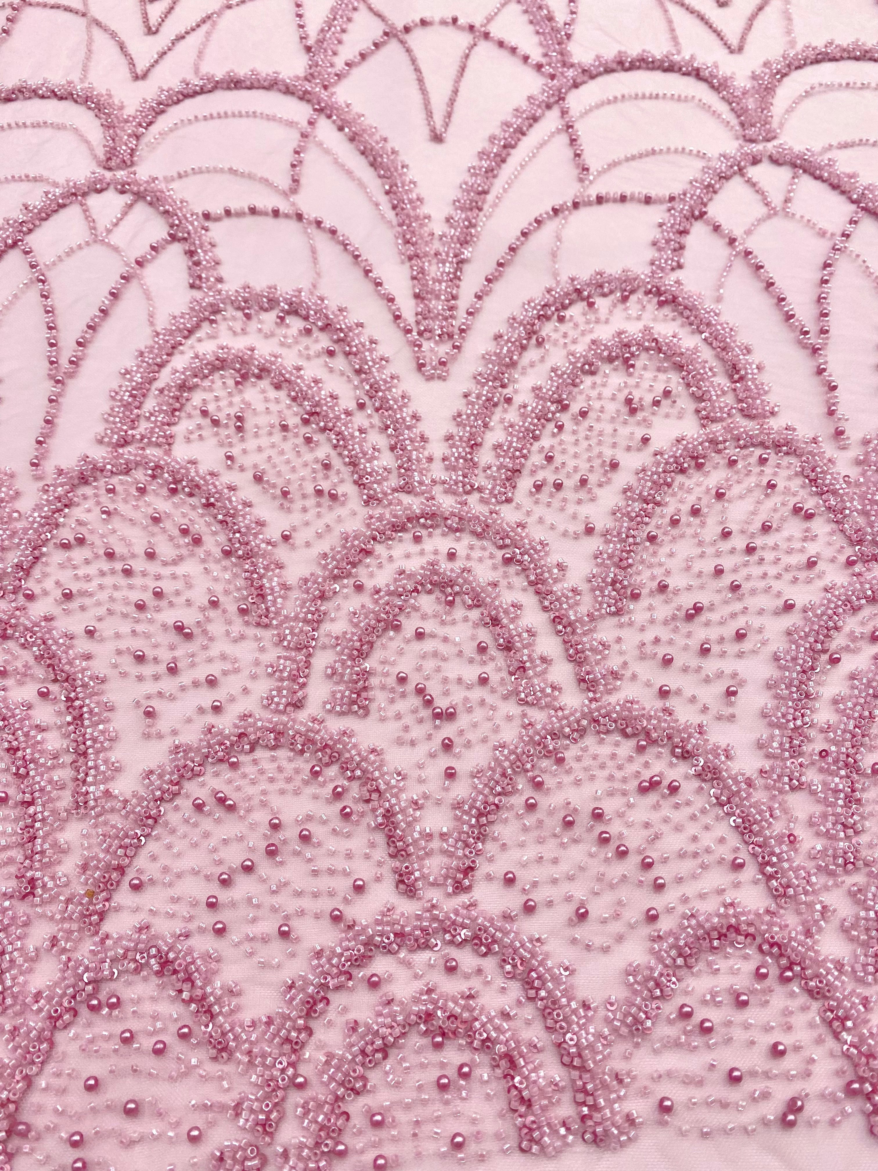 Dantela Couture Roz cu Model Geometric, cu Perle, Margele si Paiete