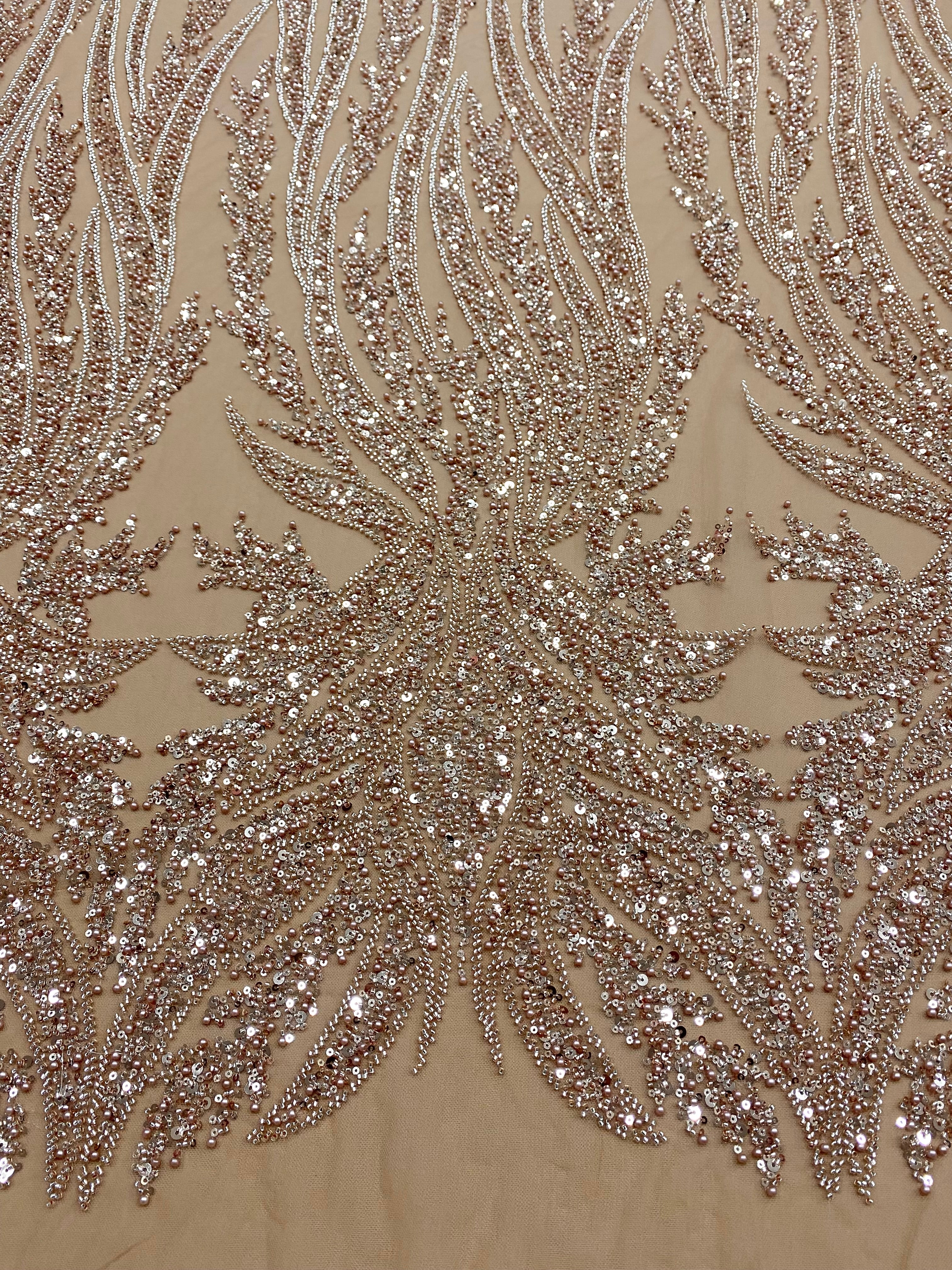 Dantela Couture Auriu Rose cu Panou, cu Perle, Margele si Paiete