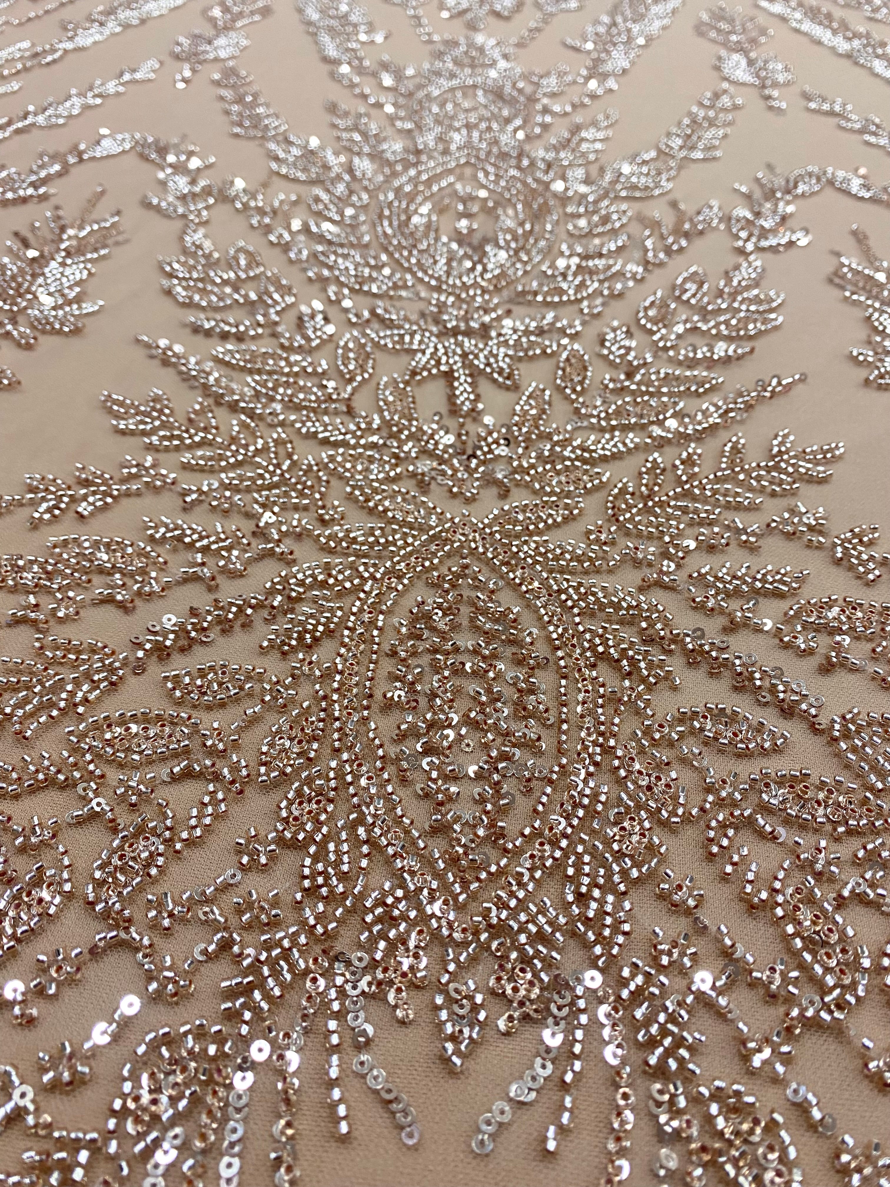Dantela Couture Auriu Rose cu Model Simetric, cu Margele si Paiete