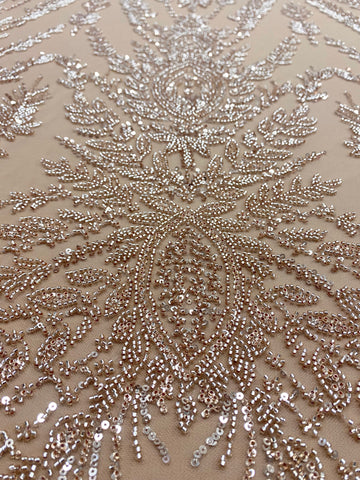 Dantela Couture Auriu Rose cu Model Simetric, cu Margele si Paiete