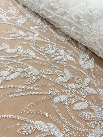 Dantela Couture Ivory cu Model Floral, Perle, Margele si Paiete