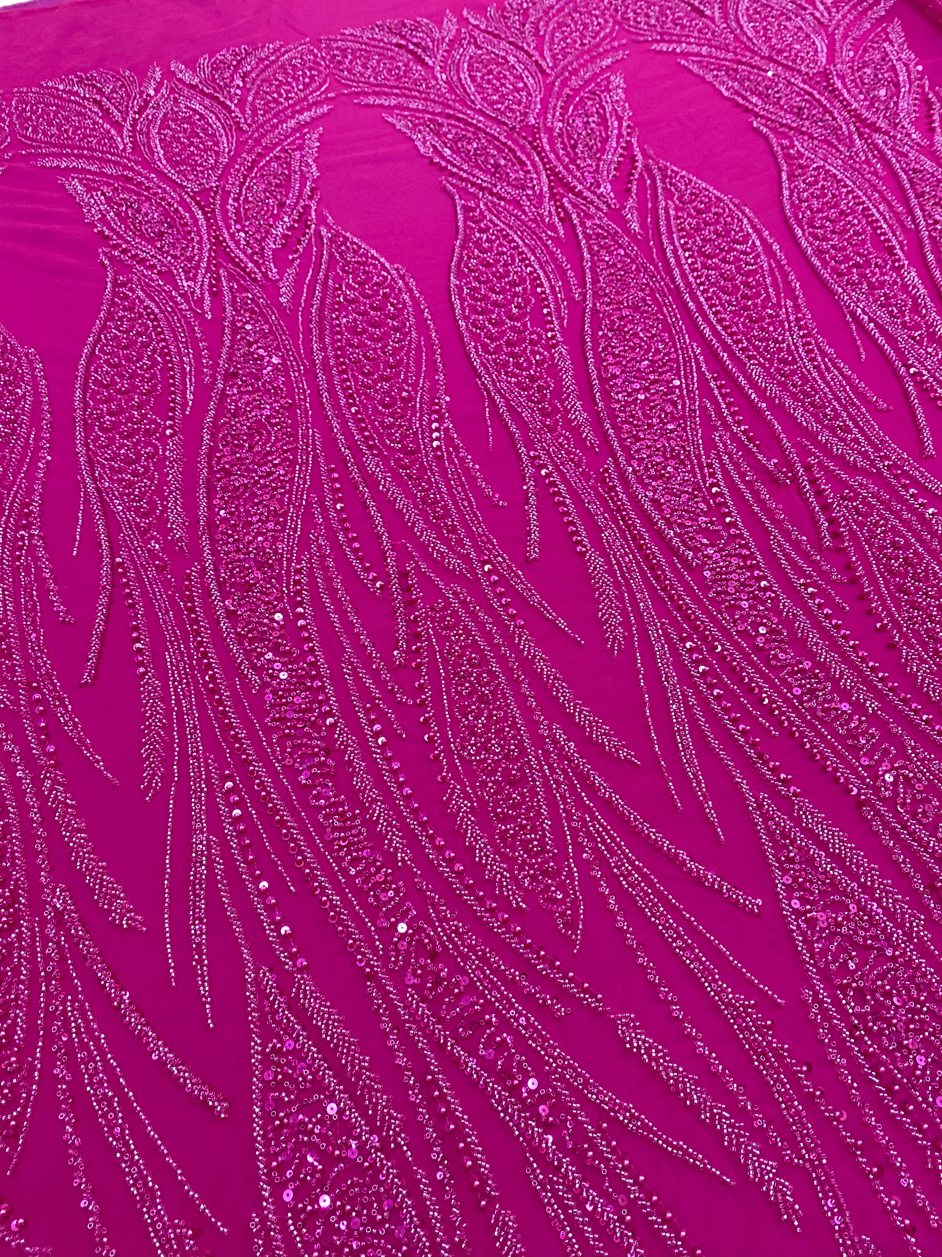Dantela Couture Fucsia cu Panou, cu Perle, Margele si Paiete