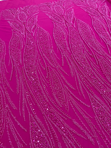 Dantela Couture Fucsia cu Panou, cu Perle, Margele si Paiete