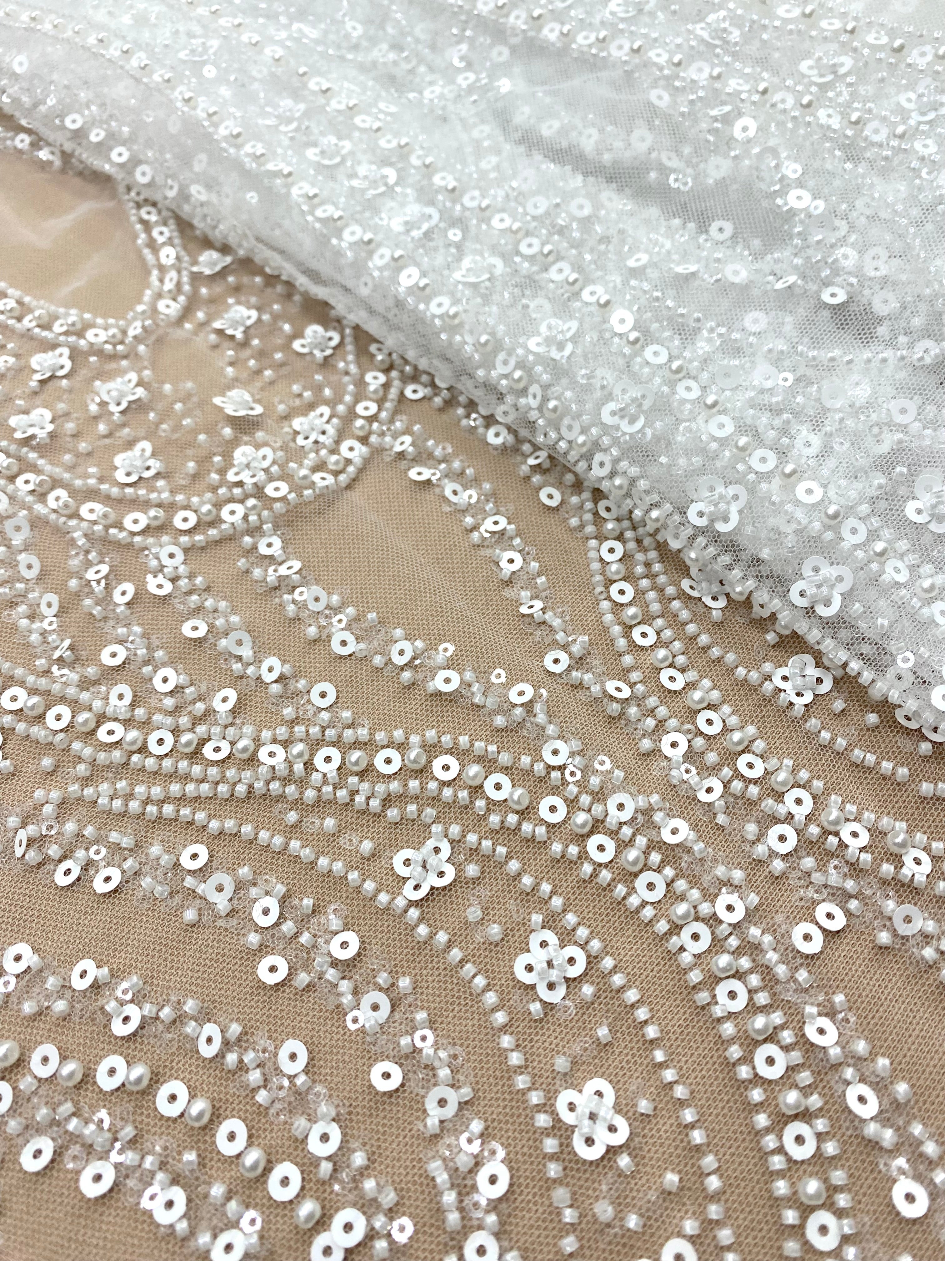 Dantela Couture Ivory cu Model Geometric, cu Perle, Margele si Paiete