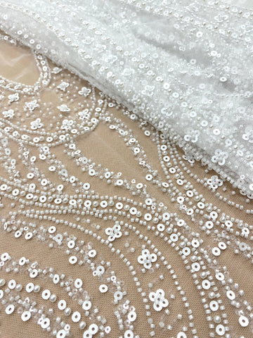 Dantela Couture Ivory cu Model Geometric, cu Perle, Margele si Paiete