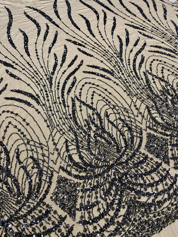 Dantela Couture Neagra cu Panou, cu Perle, Margele si Paiete