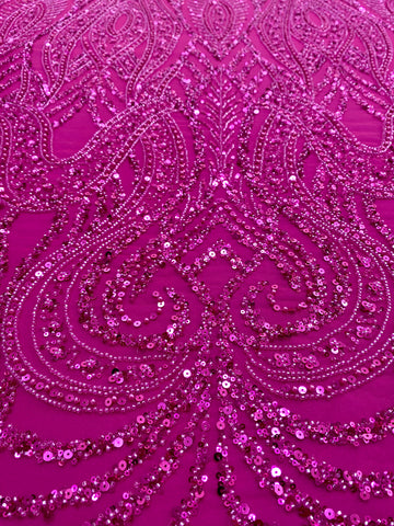 Dantela Couture Fucsia geometriai mintával, gyöngyökkel, gyöngyöcskékkel és flitterekkel