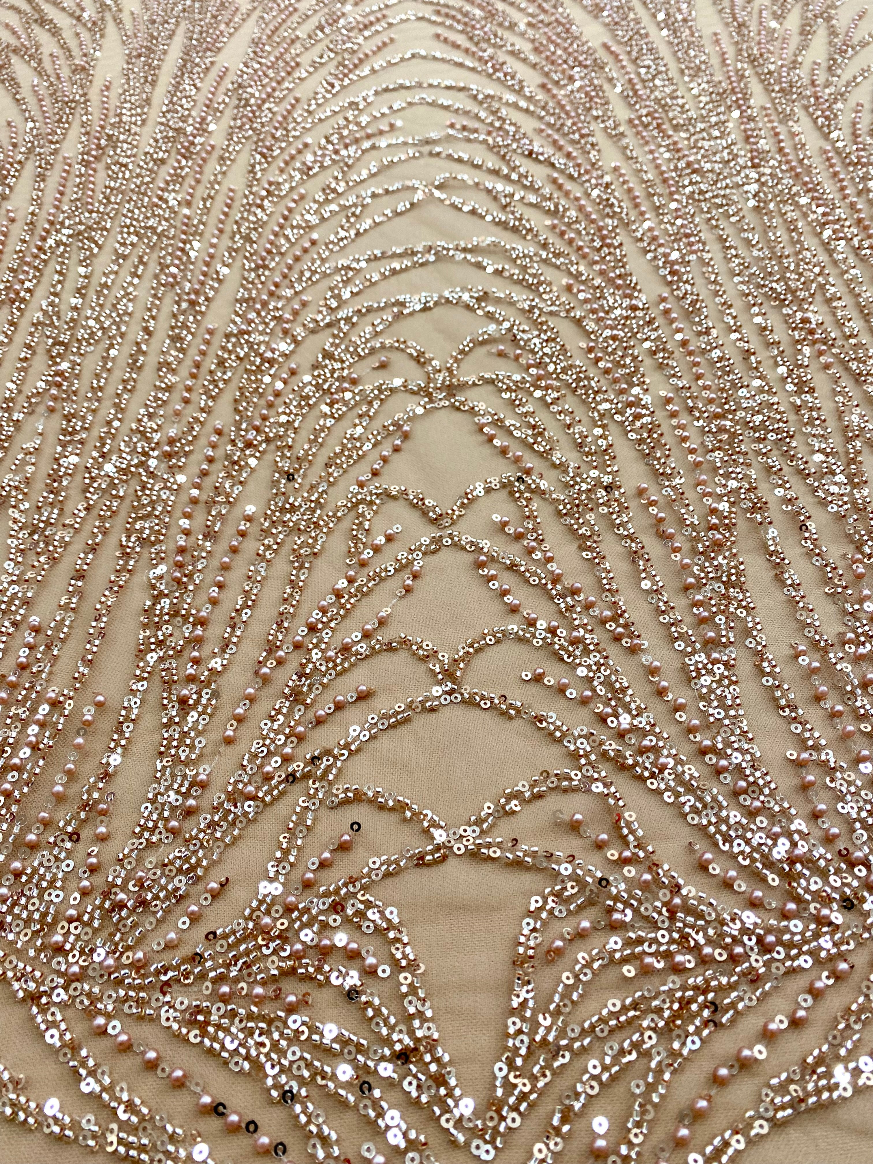 Dantela Couture Auriu Rose cu Model Liniar, cu Margele si Paiete