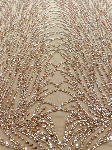 Dantela Couture Auriu Rose cu Model Liniar, cu Margele si Paiete