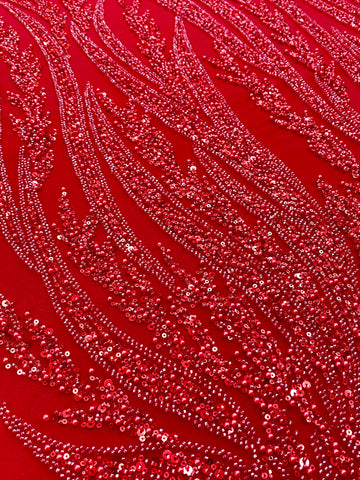 Piros Couture csipke geometriai mintával, gyöngyökkel, gyöngyöcskékkel és flitterekkel