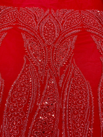 Piros Couture csipke geometriai mintával, gyöngyökkel, gyöngyöcskékkel és flitterekkel