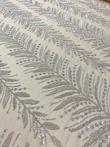 Dantela Couture Argintie cu Tulle Nude cu Crengi, cu Margele si Paiete