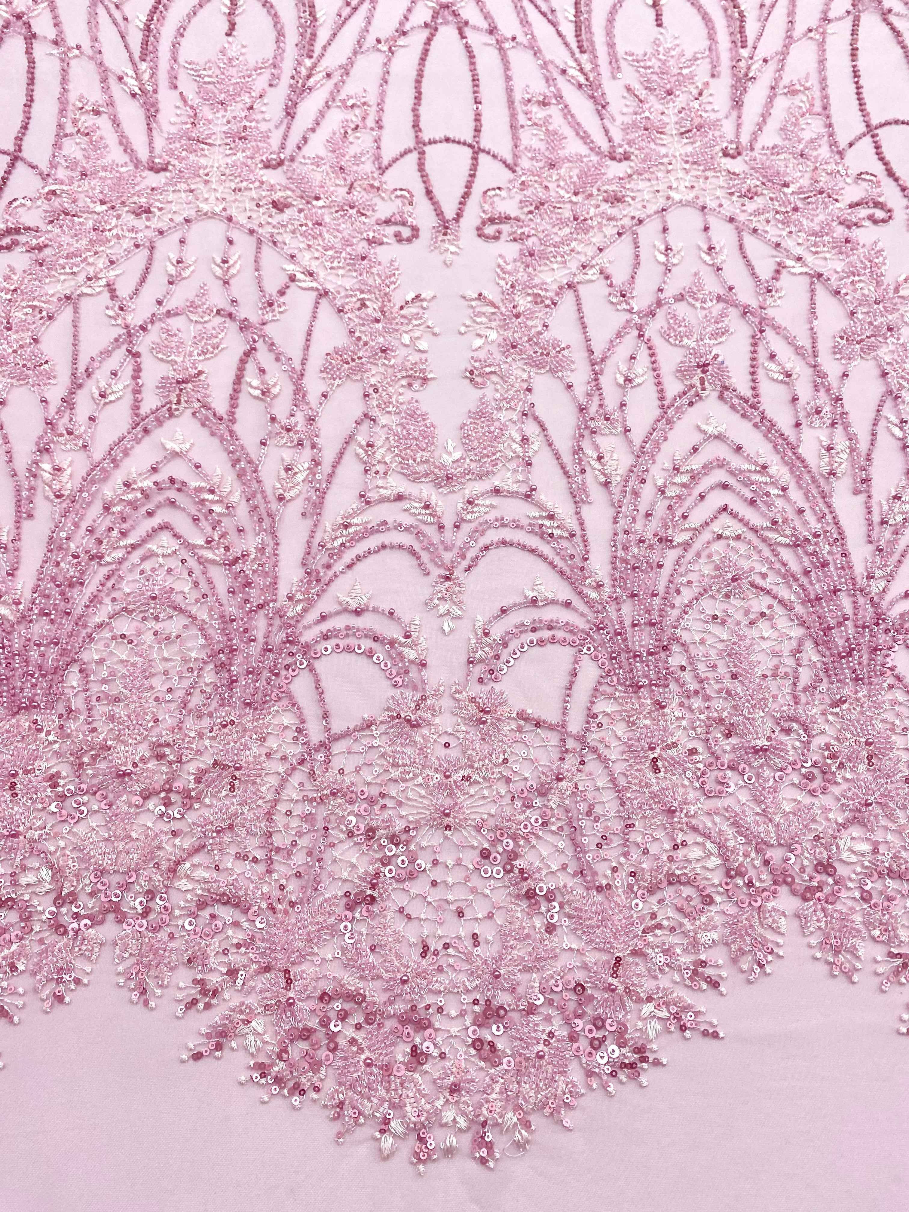 Dantela Couture Roz cu Model Geometric, cu Perle, Margele si Paiete