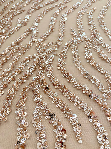 Dantela Couture Auriu Rose cu Siraguri, cu Margele si Paiete