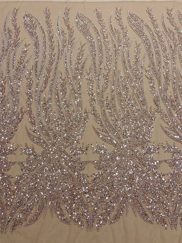 Dantela Couture Auriu Rose cu Panou, cu Perle, Margele si Paiete