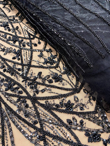 Dantela Couture Neagra cu Model Geometric, cu Perle, Margele si Paiete