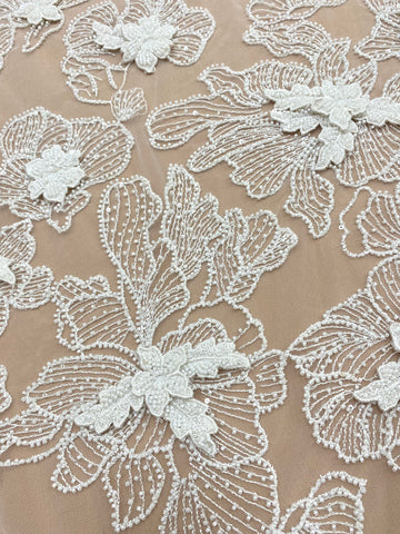 Dantela Couture 3D cu Flori Ivory, cu Margele si Paiete