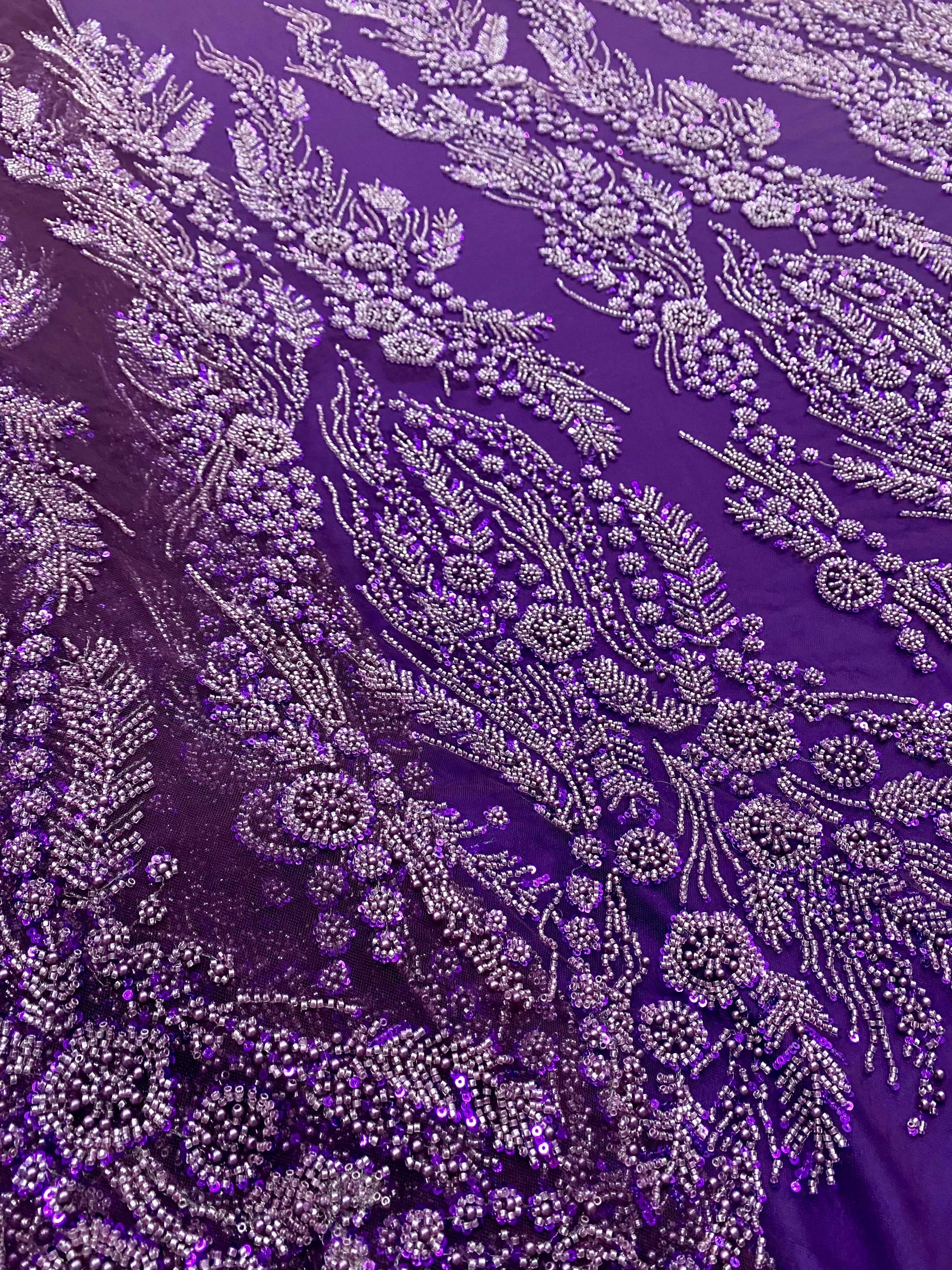 Dantela Couture Mov Inchis cu Model Floral, Perle, Margele si Paiete