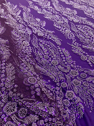 Dantela Couture Mov Inchis cu Model Floral, Perle, Margele si Paiete