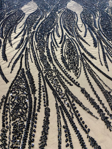 Dantela Couture Neagra cu Panou, cu Perle, Margele si Paiete