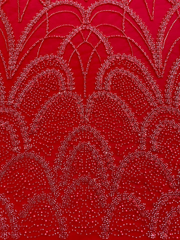 Dantela Couture Rosie cu Model Geometric, cu Perle, Margele si Paiete