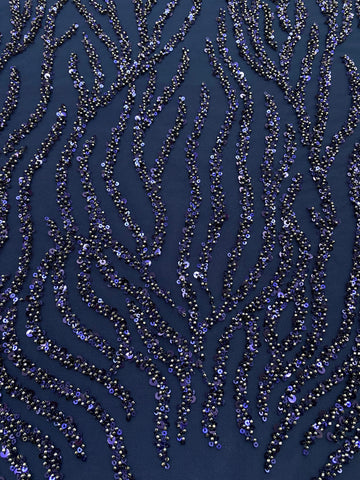 Dantela Couture Bleumarin cu Siraguri, cu Margele si Paiete