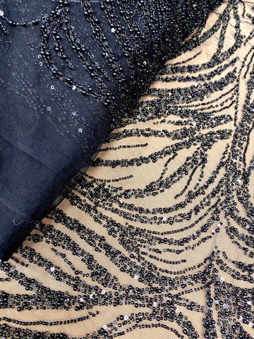 Dantela Couture Neagra cu Model Geometric, cu Perle, Margele si Paiete