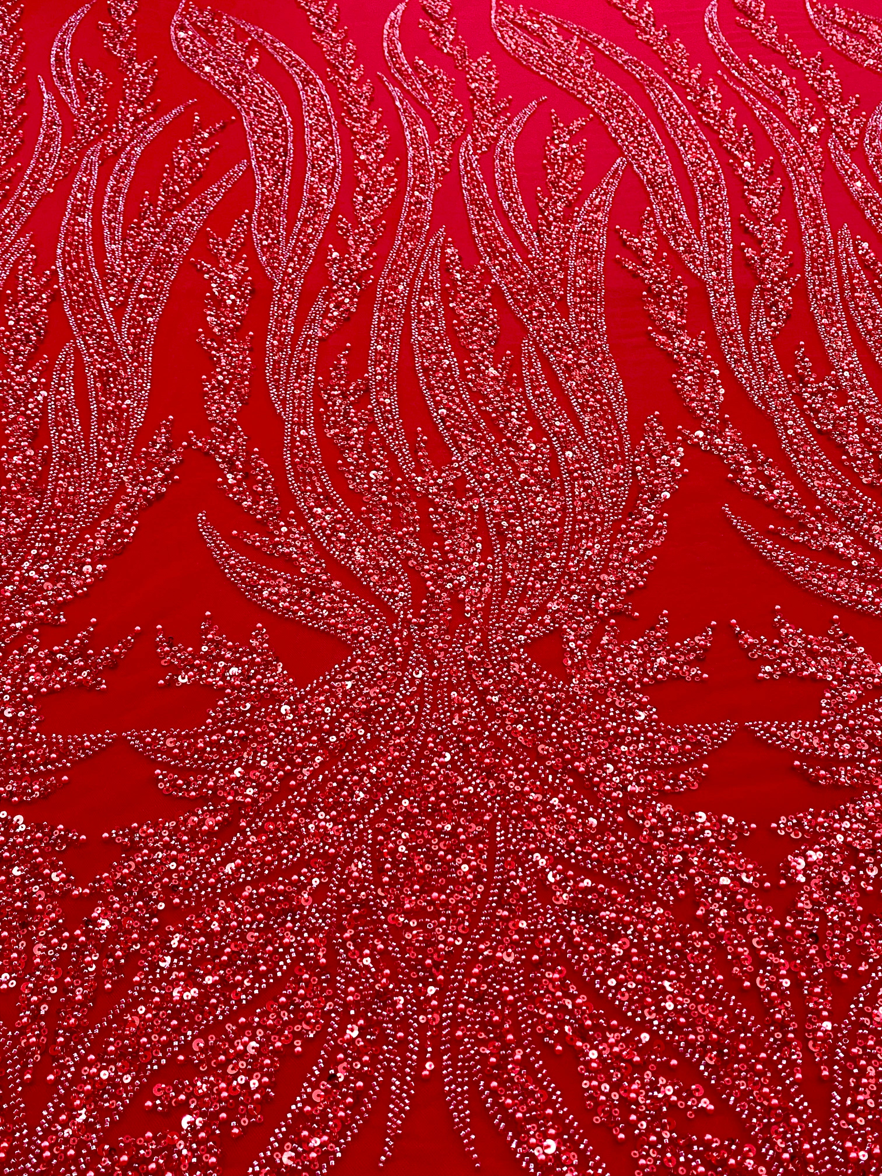 Piros Couture csipke geometriai mintával, gyöngyökkel, gyöngyöcskékkel és flitterekkel