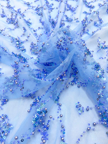 Dantela Couture Sky Blue cu Perle, Margele si Paiete