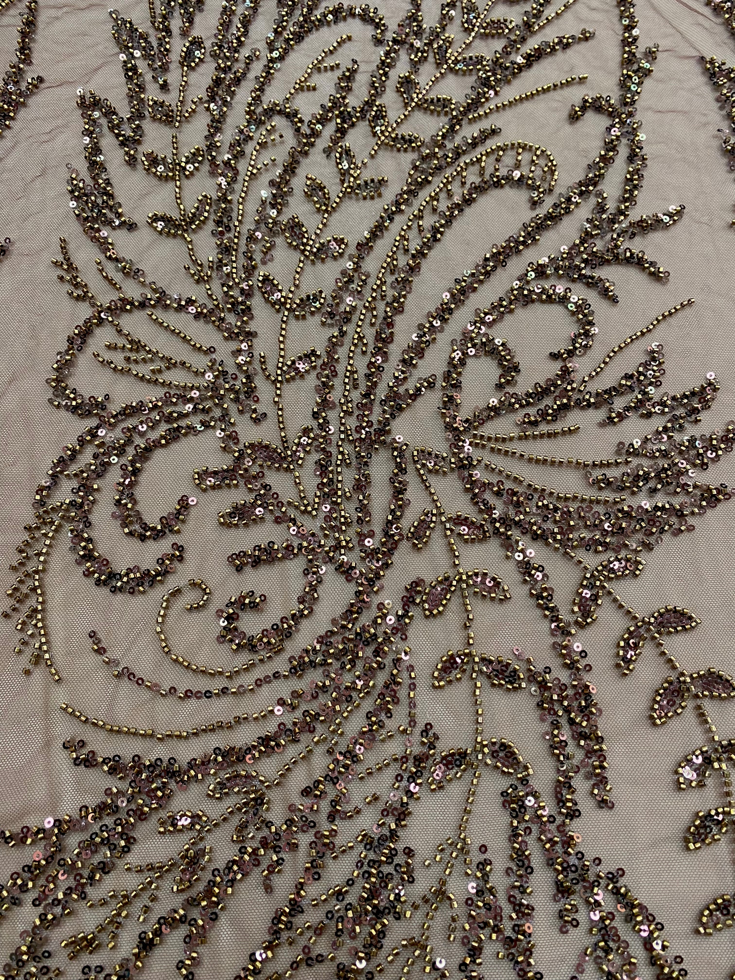 Dantela Couture Antik Arany Virágmintás, Gyöngyökkel és Flitterekkel