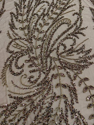 Dantela Couture Antik Arany Virágmintás, Gyöngyökkel és Flitterekkel