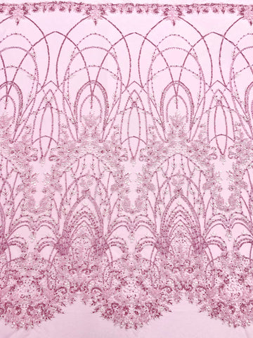 Dantela Couture Roz cu Model Geometric, cu Perle, Margele si Paiete