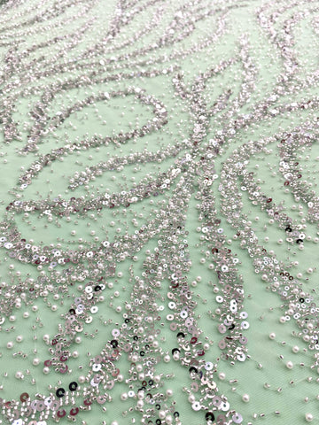 Dantela Couture Argintie pe Tulle Verde Menta cu Perle, Margele si Paiete