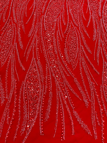 Piros Couture csipke geometriai mintával, gyöngyökkel, gyöngyöcskékkel és flitterekkel