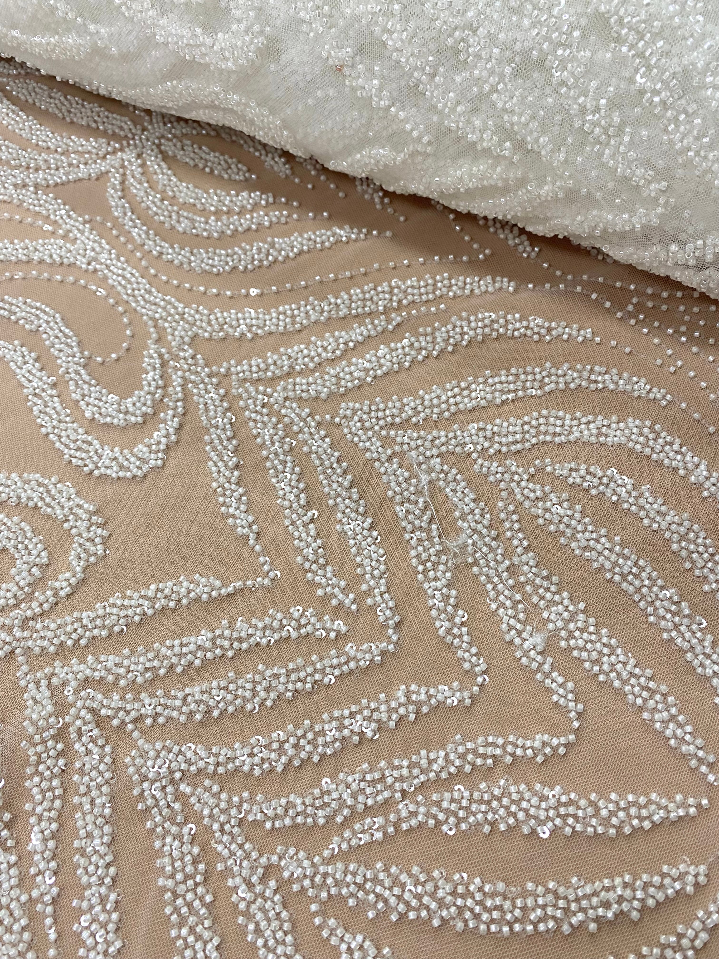 Dantela Couture Ivory cu Model Geometric, cu Margele si Paiete