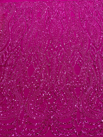 Dantela Couture Fucsia geometriai mintával, gyöngyökkel, gyöngyöcskékkel és flitterekkel