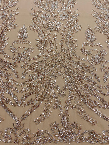 Csipke Couture Arany Rózsa Virágmintával, Gyöngyökkel és Flitterekkel