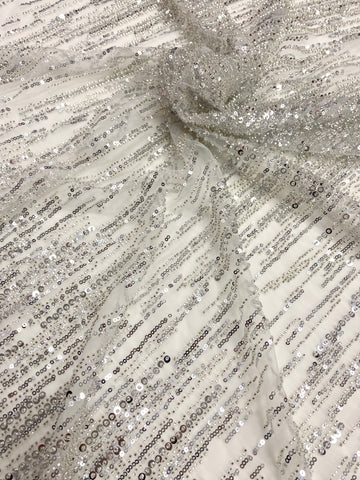 Dantela Couture Argintie pe Tulle Ivory cu Model Liniar, cu Margele si Paiete