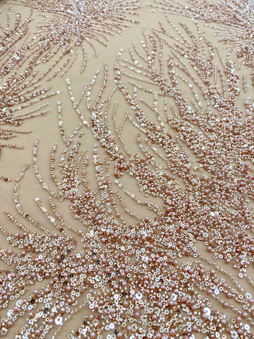 Dantela Couture Auriu Rose cu Model Liniar, cu Perle, Margele si Paiete
