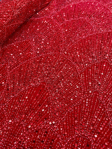 Piros Couture csipke geometriai mintával, gyöngyökkel, gyöngyöcskékkel és flitterekkel