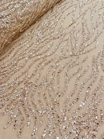 Dantela Couture Auriu Rose cu Siraguri, cu Margele si Paiete