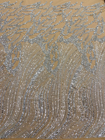 Csipke Couture ezüst tüll nude alapon geometrikus mintával, gyöngyökkel és flitterekkel