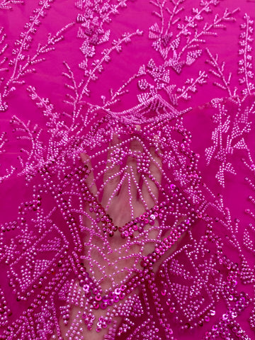Dantela Couture Fucsia cu Model Geometric, cu Margele si Paiete