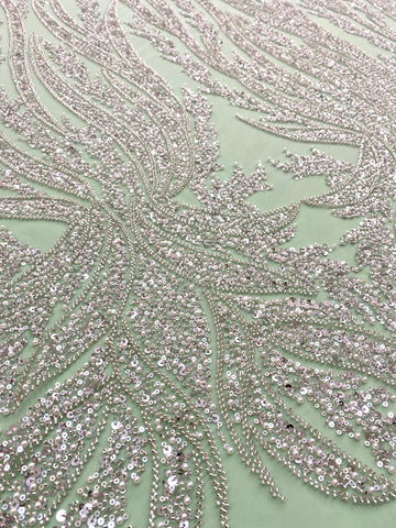 Dantela Couture Argintie pe Tulle Verde Menta cu Panou, cu Perle, Margele si Paiete