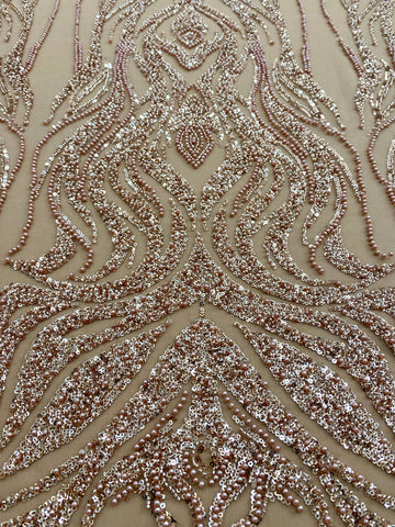 Dantela Couture Auriu Rose cu Model Geometric, cu Perle, Margele si Paiete